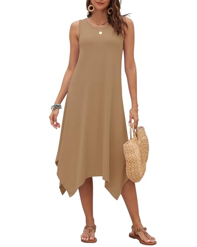 Image of AUSELILY Women's Summer Dresses Casual Sleeveless Midi Tank Beach Dress | Women's Asymmetrical Hem Sundress with Side Pockets, Great for Beach, Vacation & Daily Wear