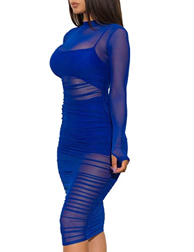 Image of Lrady Women Sexy Bodycon Dresses See-Through Sheer Mesh Ruched Bodycon Party Club Night Dress 3 Piece Outfits with Vest Shorts, Blue, XX-Large