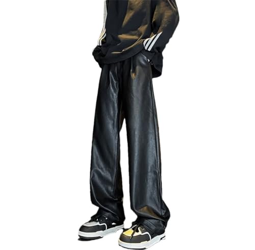 Men’S Autumn Winter PU Leather Motorcycle Pants Wide-Leg Windproof Mopping Trousers All-Match Casual Pants