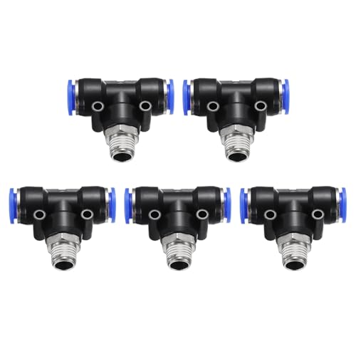 HARFINGTON 5pcs Air Line Fitting 12mm Tube OD x NPT 1/4 Thread PT4-U Pneumatic Male Branch Tee Quick Push to Connect Brass Air Line Hose for Industry Air System