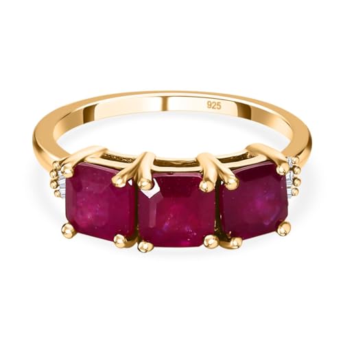 Image of TJC 925 Sterling Silver 14ct Gold Plated Ruby, White Diamond Fashion Three Stone Ring for Women & Girls Size L, 2.5 ct