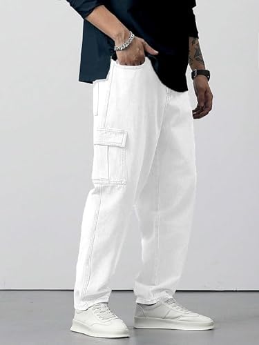 Image of QNIM Cargo for Men | Loose Fit White Denim Jeans | Stylish Cotton Multi-Pocket Casual Styling Pant | Trendy Straight Leg Comfortable Utility Streetwear Trousers (Q-04-05)