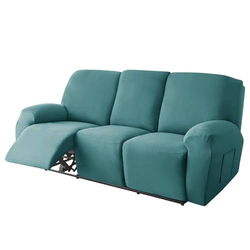 ポリエステル 8-分割タイプ リクライニングソファーカバー 3人掛け, ストレッチ 柔らかい 電動 リクライニングチェア ソファーカバー 付 サイドポケッ ソファーカバー に適用する 子 ペット 猫 犬-ターコイズ-3人掛け
