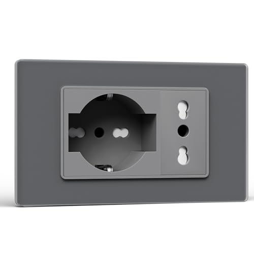 BSEED Presa Schuko e Presa Italiana, Prese Elettriche da Muro 10A/16A, Schuko con Pannello di Vetro, Presa Bipassa 118mm Grigrio