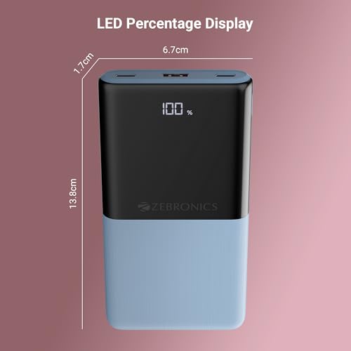 Image of ZEBRONICS 10000 mAh Power Bank | 22.5W Super Fast Charging | PD3.0 (PPS) | Dual Type-C & USB-A | LED Percentage Display | Sleek /Texured Body | for All Mobiles, Tablet, Earbuds, EnergiPod 10R1 (Blue)