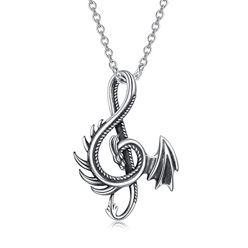 YAFEINI Dragon Necklace 925 Sterling Silver Music Note Aesthetic Pendant Chain Vintage Gift for Men Women