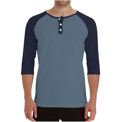 Image of 3/4 Sleeve Baseball Shirt Men Casual Stylish Raglan Sleeve Jersey Henley Tops Mens Slim Color Block Athletic T Shirts, Navy Blue, Medium