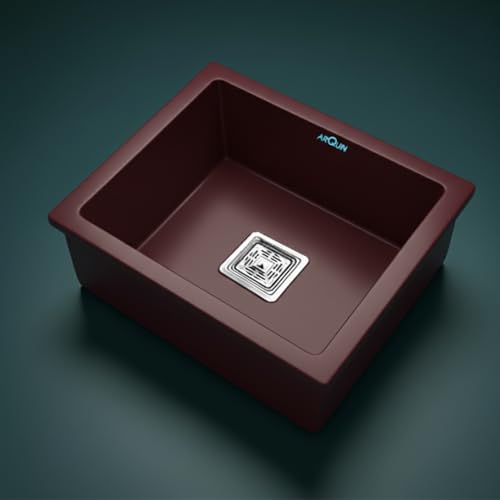 Image of ARQUIN Quartz Sink for kitchen 21x18x9 Inch Brown | Single Bowl Sink | Durable & Scratch-Resistant | Undermount /Topmount Including Coupling, Waste Pipe & Fruit Washing Basket