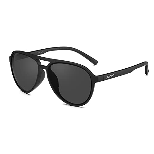 Jefoo Polarized Sunglasses for Women Men Retro Trendy Aviator Mens Shades Sun Glasses 100% UV Protection, Matte Black Frame/Black Lens, PH1/PZ1