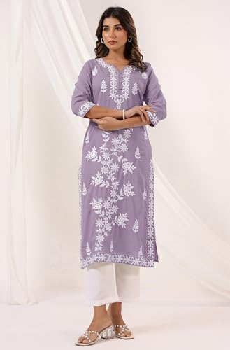Image of Janasya Women's Pure Cotton Embroidered Straight Kurta
