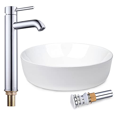 Aquaterior Vessel Sink With Faucet And Drain Combo 16" Round Ceramic Bathroom Sink And 14 Inch Tall Chrome Commercial Single Hole Vanity Basin Mixer Faucet & Pop Up Drain (Cupc Nsf Cec) #TOP13