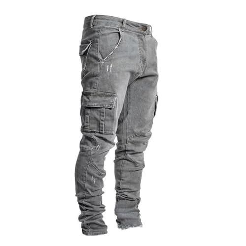 Men's Slim Fit Stretch Cargo Jeans Ripped Skinny Pants Side Pockets Design Casual Streetwear