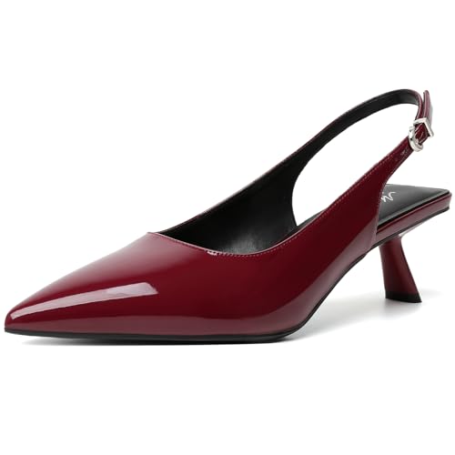 Image of Mostrin Kitten Heels for Women Pointed Toe Pumps Patent Leather Low Heel Slingback Heels with Buckle Dress Shoes for Dating Party Working