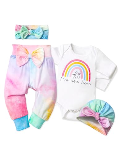 Image of WIQI baby girl clothes newborn girl clothes baby girl outfit new born clothes baby girl long sleeve rainbow romper baby girls' clothing tie-dye pants fall winter newborn girl outfits