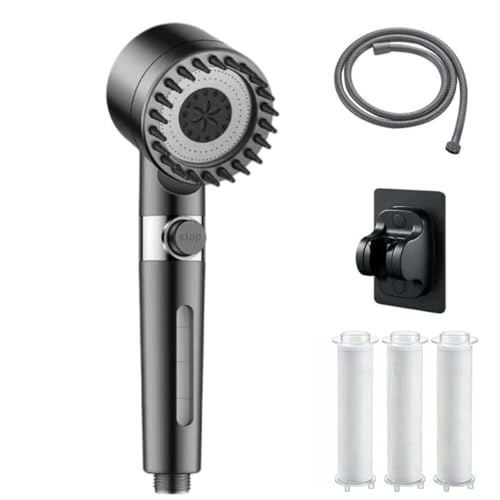 Clover and Cove Shower Head Handheld High Pressure Shower Head with Filter 3 Modes & Pause Switch 1.5m Hose & Stand Hard Water Chlorine Removal Grey