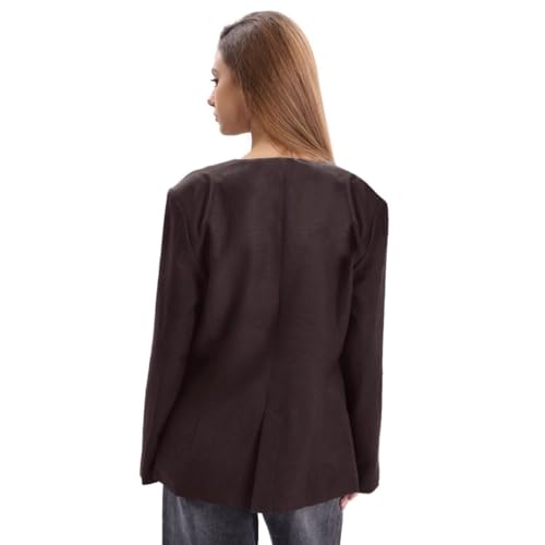 Amazhiyu Women's Linen Blend Round Neck Button Up Blazers Long Sleeve Coat Office3