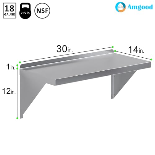 Image of AmGood 14 inch x 30 inch Stainless Steel Wall Shelf | Appliance & Equipment Metal Shelving | Kitchen, Restaurant, Garage, Laundry, Utility Room | Heavy Duty | Squared Edge | NSF Certified