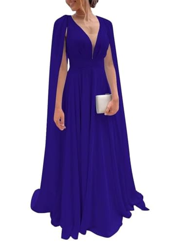 CRIEBDK Chiffon Bridesmaid Dress for Women Cape Sleeve V-Neck Formal Evening Gowns with Pocket LBC020