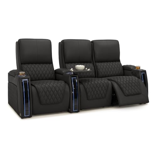 Image of Seatcraft Apex Black Italian Leather Home Theater Seating, Zero Gravity Power Recliner Chair, Powered Headrest and Lumbar Gaming and Lounge Sofa Furniture for Cinema Room, Row of 3 Right Loveseats