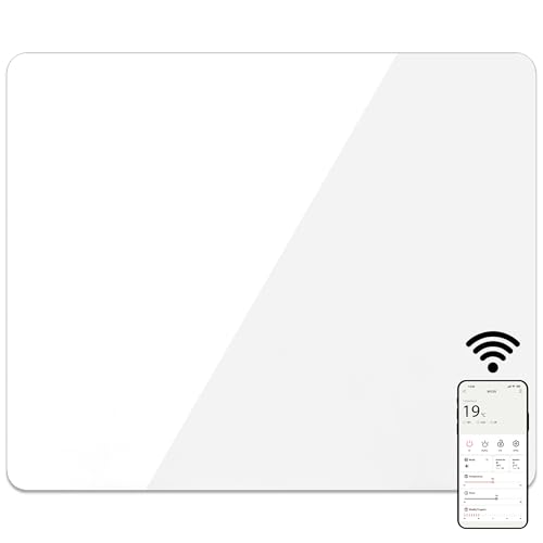 Mylek Radiator Glass Panel Heater White Slimline, Wifi Enabled Smart APP 900W, Open Window Detection, Wall Mounted Or Free Standing, Low Energy Heaters, Timer, Lot 20, (White 0.9KW)