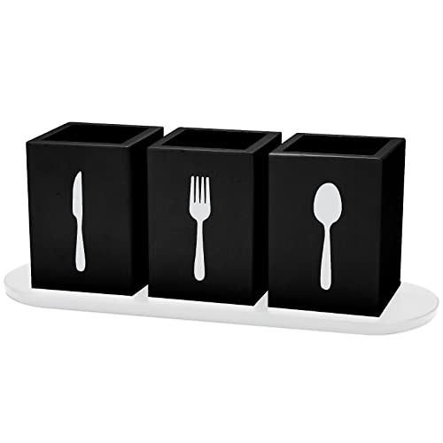 Kathfly 4 soportes para cubiertos para encimera, organizador de cubiertos con bandeja de madera, soporte para cuchara, tenedor para fiestas de cocina (negro)