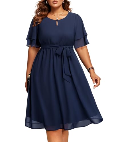 Pinup Fashion Kleid in Übergröße für Hochzeitsgäste – halbformelles Cocktailkleid, Chiffon, Schlüssellochausschnitt, knielanges Kleid, Blau,...
