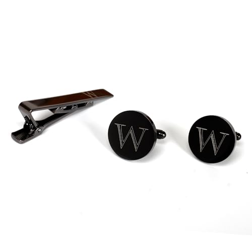 Image of Mens Initial Cufflinks and Tie Clip A-Z Alphabet Letter Black Stainless Cuff Links Tie Bar with Engraved Walnut Wood Box Groom Groomsman Wedding Set