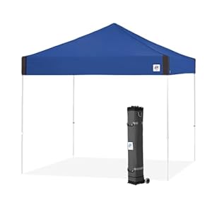 E Z UP Pyramid Instant Shelter Canopy Pop Up Tent 10 x 10 with Wide Trax Roller Bag 4 Piece Spike Set Royal Blue