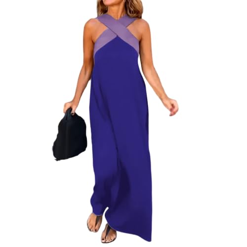 Vestido Largo vaporoso para invitada a Boda en la Playa, Estilo Halter, sin Espalda, Azul, Talla XS.