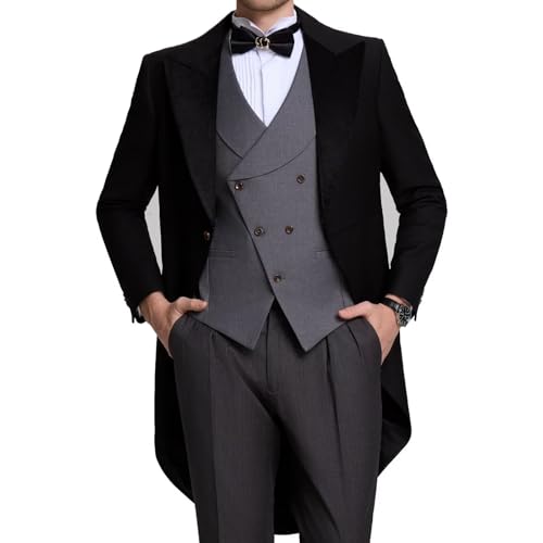 Men's 3 Piece Tuxedo Suit Slim Fit Swallow Long Tailcoat Performances Dinner Party Wedding Double Breasted Vest Pants