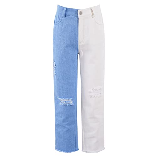 JanJean Kids Girls Ripped Denim Casual Wide Leg Pants Solid Color Washed Elastic Waist Loose Fit Distressed Jeans Trousers