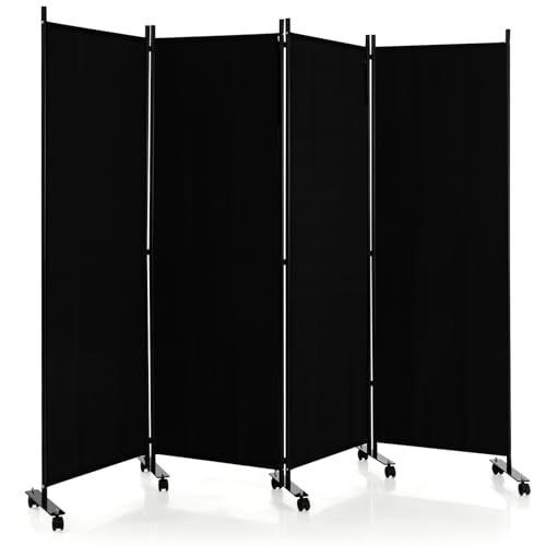 LIFEZEAL Biombo Plegable de 4 Paneles para Interior y Exterior, Divisor de Pie con 10 Ruedas, Pared Tabique, Estructura Metálica, Protección de la Intimidad, Separador de Espacios (Negro)