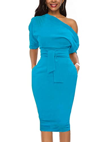 Image of Nature Comfy Elegant Womens Wear to Work One Shoulder Belted Pencil Dress