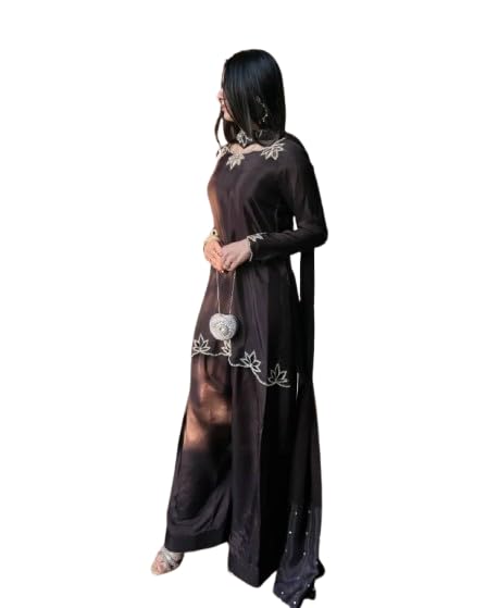 Image of Luxury Black Embroidered Women's 3-Piece Suit Set - Elegant Long Kurta with Silver Leaf Embellishment, Wide-Leg Pants & Matching Dupatta (Full Stitched)