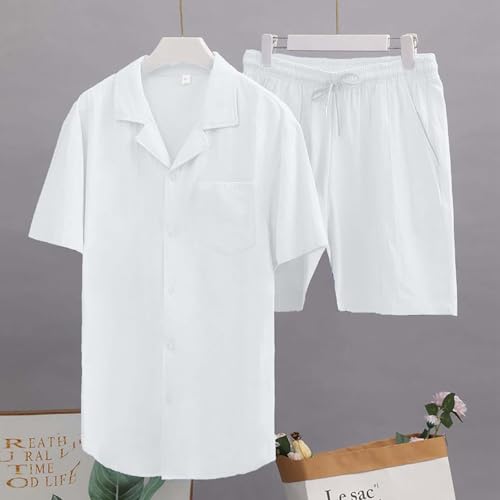 Men's Linen Blend Activewear Set 2025 Oversized 2 Piece Casual Linen Outfit Set Beach Button Down Shirt Loose Shorts Sets2