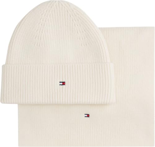 Image of Tommy Hilfiger Women Th Flag Beanie & Scarf Gp AW0AW19136 Gift Pack, Beige (Soft Cream), One Size