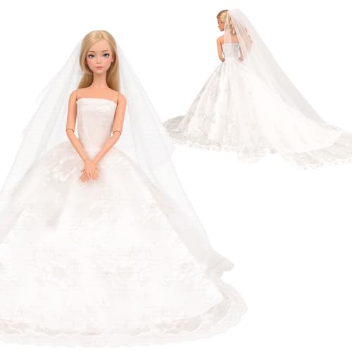 Wedding Dress with Veil White Chapel Train Bridal Gown for 11.5 Inch Doll