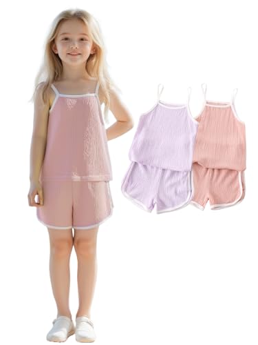 Image of Girls Summer Clothes 4 Piece Cute Outfits Cami Tank Top and Dolphin Shorts Sets for Kid Casual, Dance, Beach