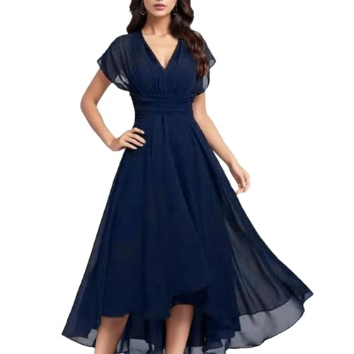 Pulcykp Women V Neck Ruffle Sleeve High Low Hem Dress with Shirred Waist for Casual Summer Wear Navy