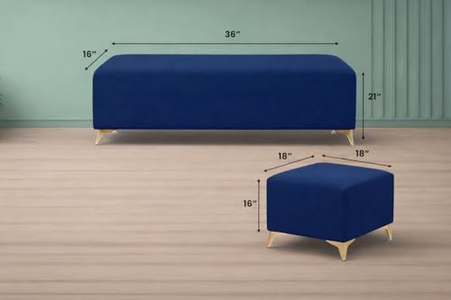 Image of Adorn India Premium Luster 8 Seater L Shape Sofa Set with 2 Puffy & 1 Center Table | Velvet Suede Fabric | 3-Year Warranty | LHS | Blue with Golden Legs & Striped Pattern Cushion