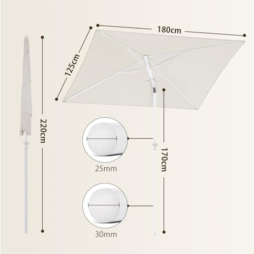 Sekey 180 × 125 cm Sonnenschirm mit Schutzhülle, Balkonschirm Gartenschirm Terrassenschirm, Sonnenschutz UPF50+, Kippbar, Höhenverstellbar, Rechteckig- Graubeige 6