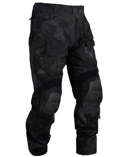 OCANXUE Men’s Tactical Pants with Knee Pads Camo Cargo Pants Waterproof Hiking Pants 10 Pockets No Belt, Black Camo, 34