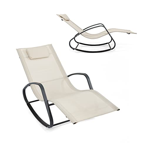 WeCooper Zero Gravity Schaukelstuhl, Terrassen-Chaise für Innen und Außen, Wellen-Loungesessel für Hof und Terrasse, Abnehmbare Kopfstütze, Beige Cover