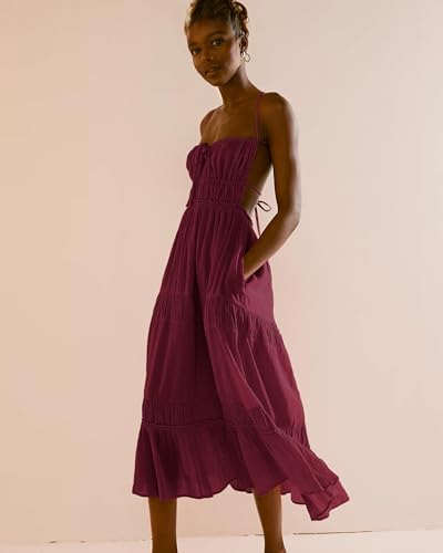 Image of VIUTIL Women Backless Flowy Dress Strap Tiered Long Dresses Summer Beach Sexy Vacation Sundress with Pockets Clothes 2026, (Burgundy, Medium)
