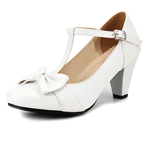 Odetina Mary Janes Damen Pumps mit Schleife, mittelhoher Absatz, Retro, süße Mandelspitze, Schnalle, Riemen, Cosplay, Lolita-Schuhe, Wei� (weiß), 37.5 EU Cover