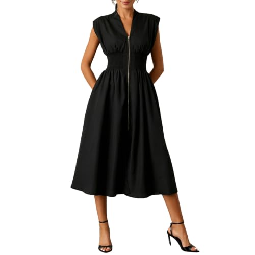 Robe longue femme chic col en V et fermeture éclair pratique pour l'été