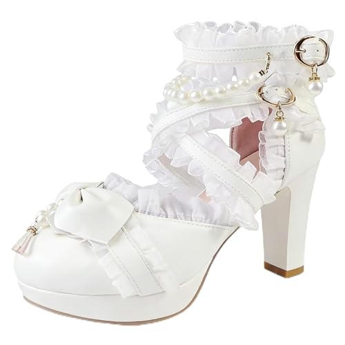 Image of MEOTINA Cute Bow Heels Mary Janes Shoes Women Dress Platform Strappy High Heels Kawaii Shoes