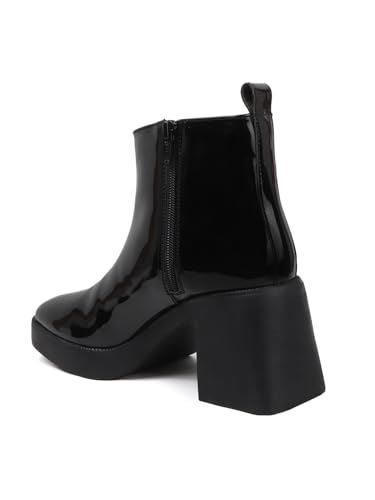 Image of ELLE Women's Glossy Platform Ankle Bootie Chunky Heel with Gold-Tone Emblem