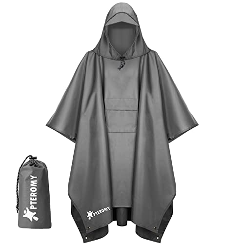 PTEROMY Hooded Rain Poncho Jacket Coat for Adult with Pocket, Lightweight Unisex Raincoat for Hiking Camping Fishing (Grey)