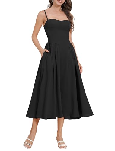 OMEWEE Sommerkleid Damen Sexy Ärmellos Spaghettiträger Freizeitkleid Böhmisch Maxikleid A-Linie Strandkleider mit Tasche Schwarz M